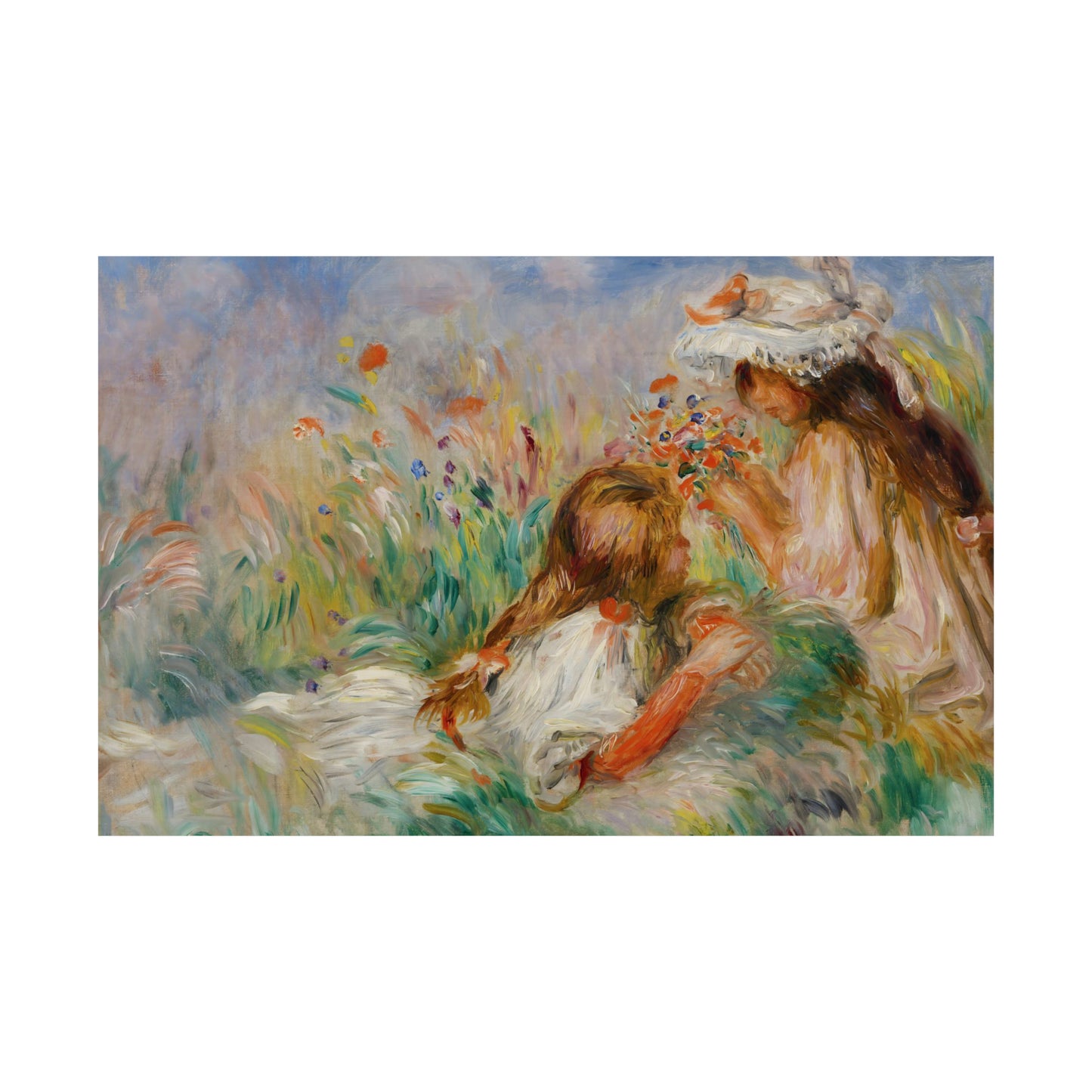 Girls in the Grass Arranging a Bouquet