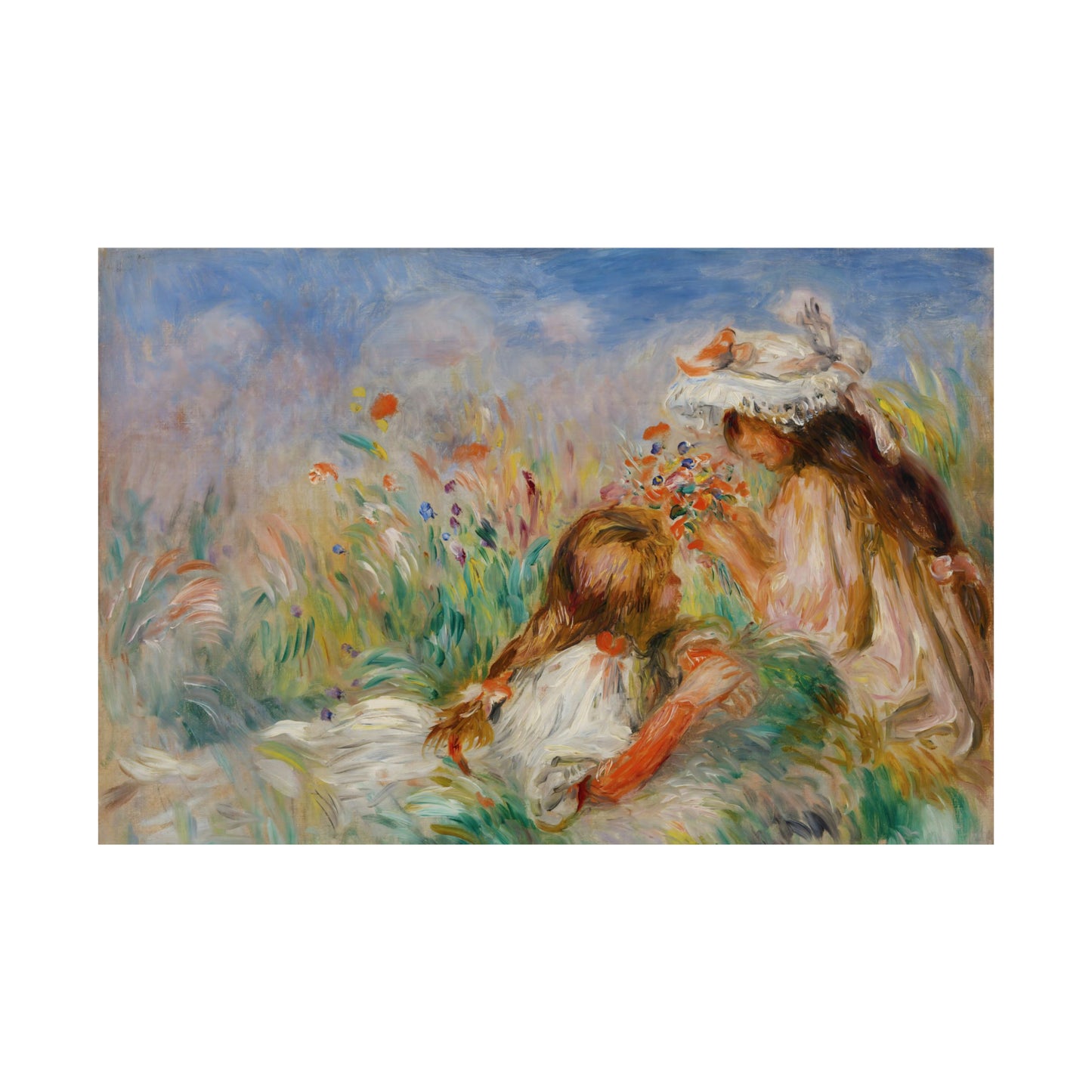 Girls in the Grass Arranging a Bouquet