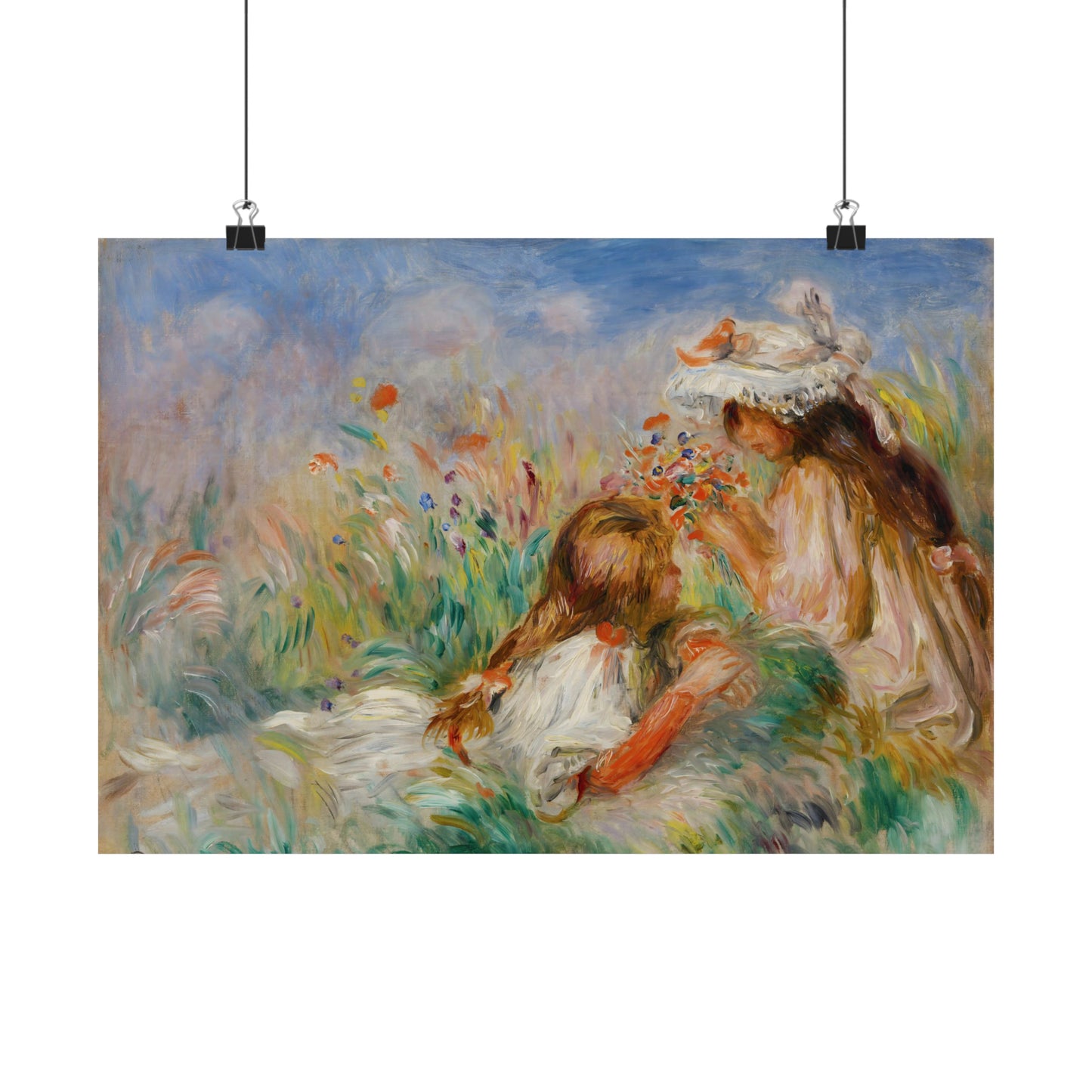 Girls in the Grass Arranging a Bouquet