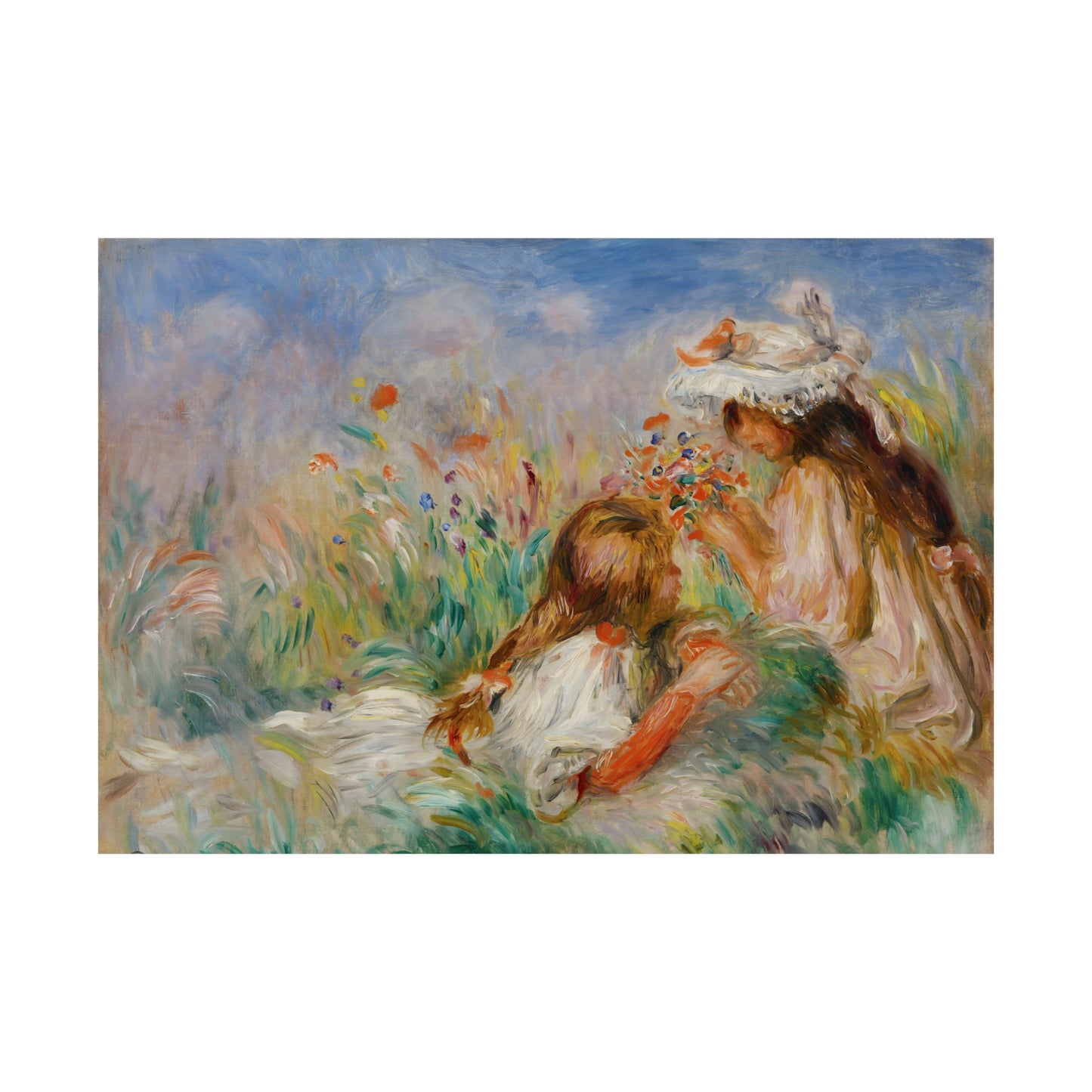 Girls in the Grass Arranging a Bouquet