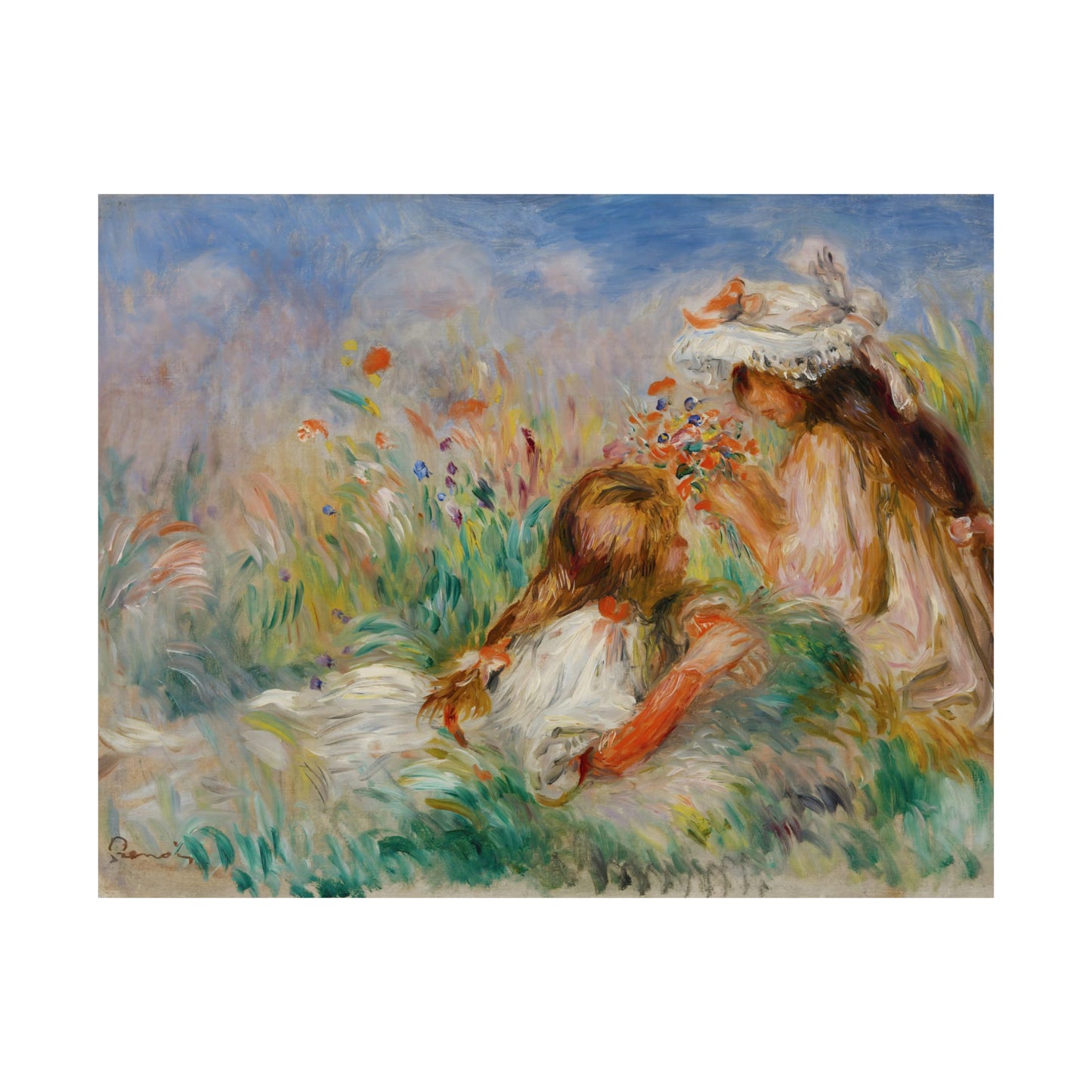 Girls in the Grass Arranging a Bouquet