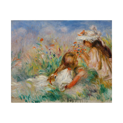 Girls in the Grass Arranging a Bouquet