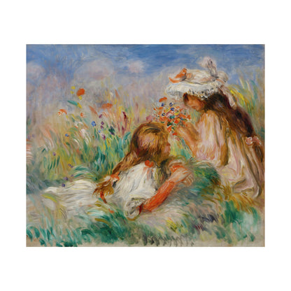 Girls in the Grass Arranging a Bouquet