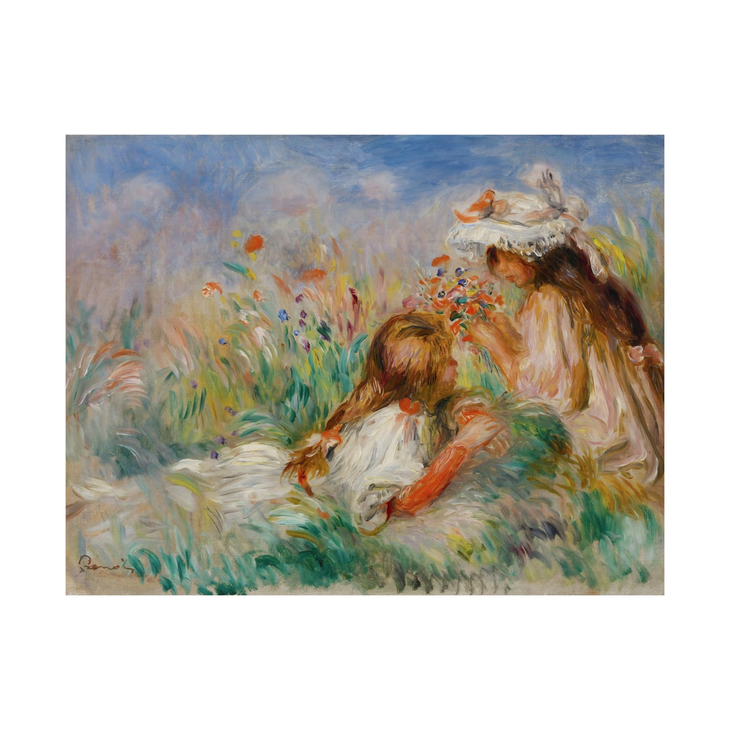 Girls in the Grass Arranging a Bouquet