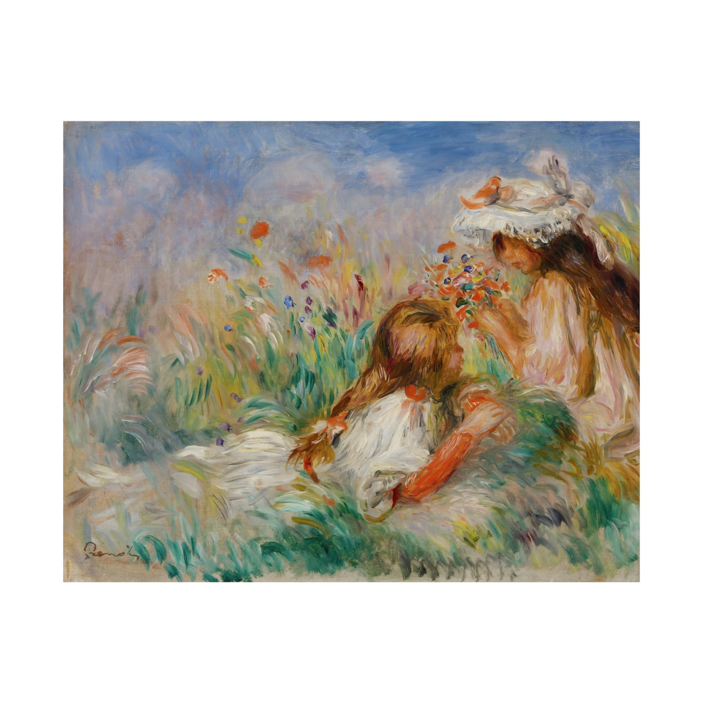 Girls in the Grass Arranging a Bouquet