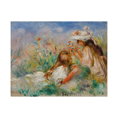 Girls in the Grass Arranging a Bouquet