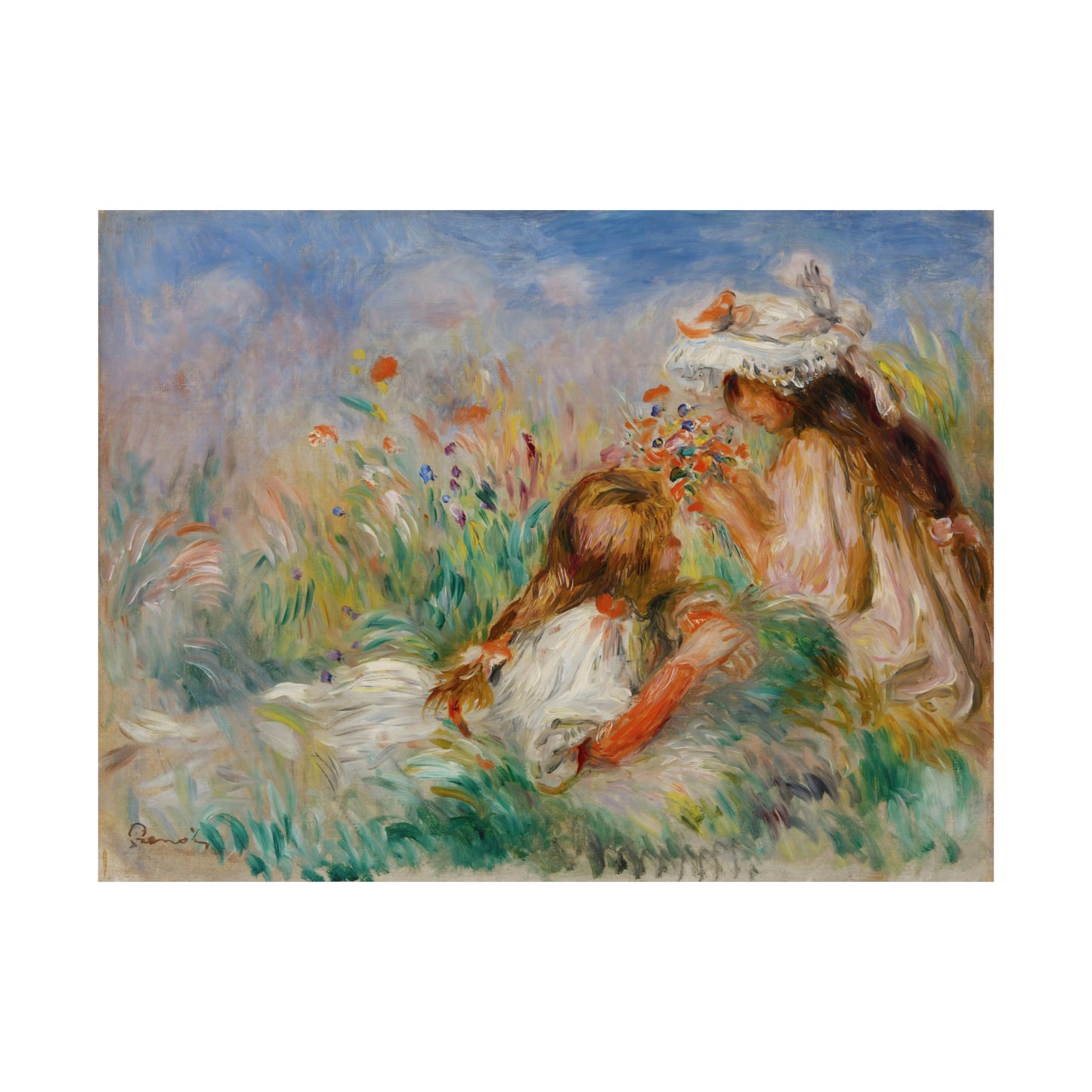 Girls in the Grass Arranging a Bouquet